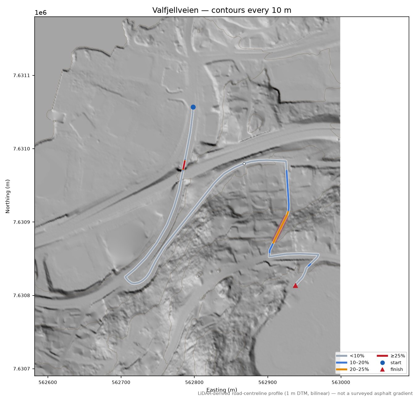Valfjellveien LiDAR hillshade map with contours