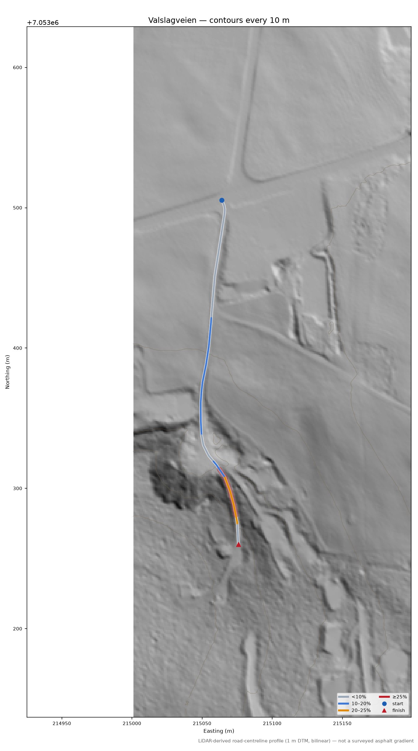 Valslagveien LiDAR hillshade map with contours