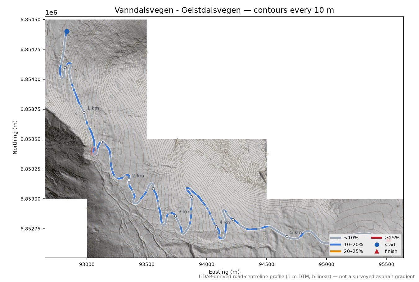 Vanndalsvegen - Geistdalsvegen LiDAR hillshade map with contours