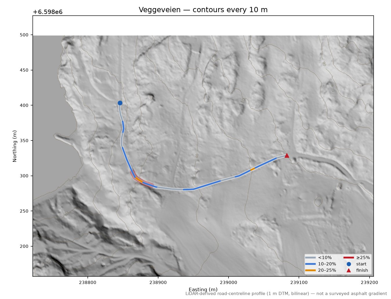 Veggeveien LiDAR hillshade map with contours