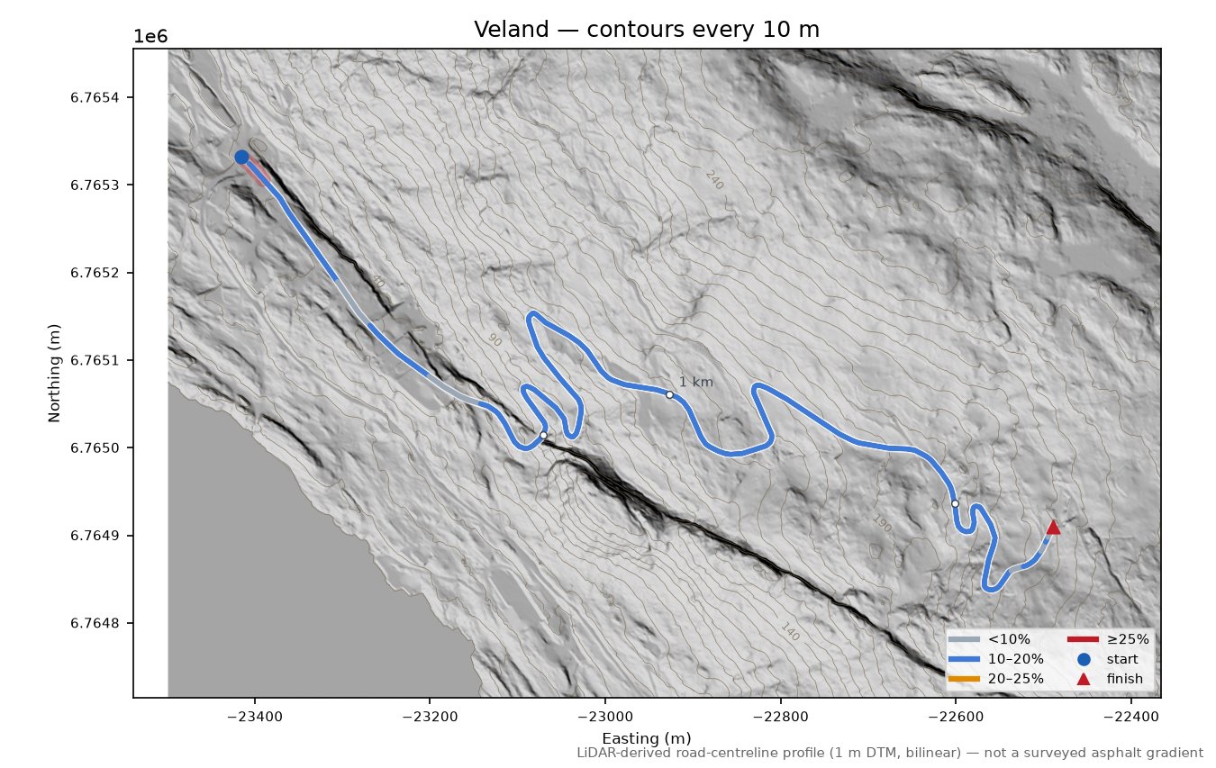 Veland LiDAR hillshade map with contours