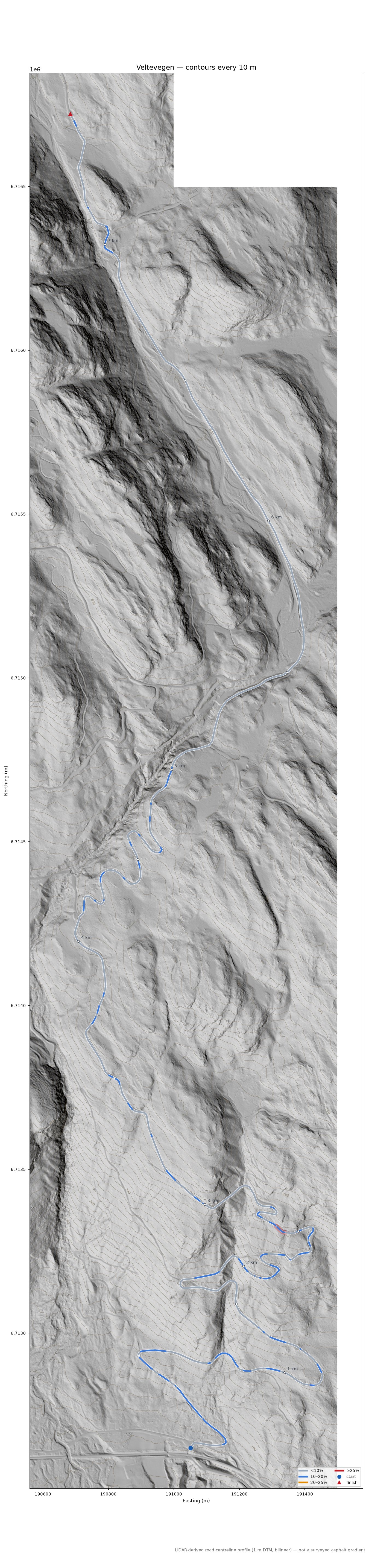 Veltevegen LiDAR hillshade map with contours