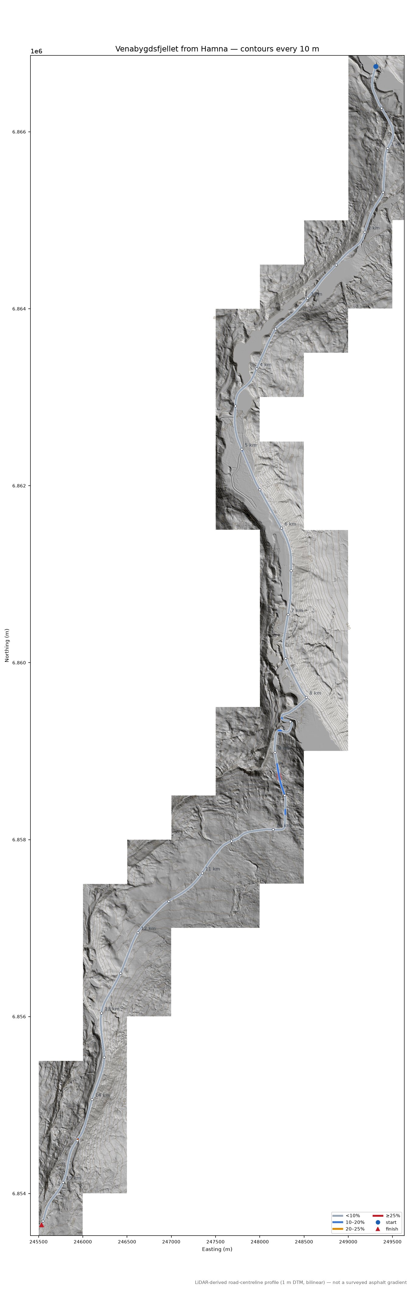 Venabygdsfjellet from Hamna LiDAR hillshade map with contours