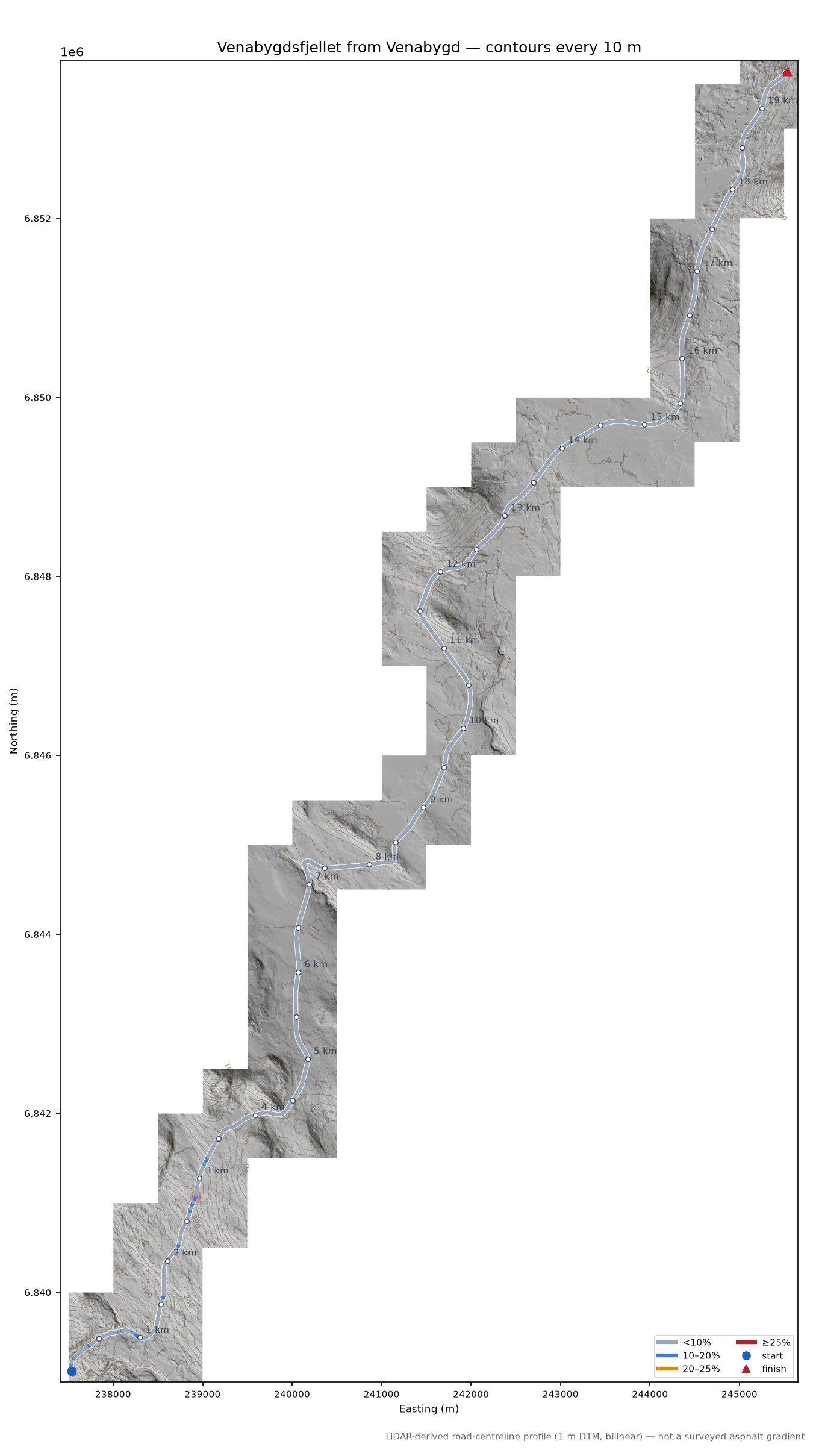 Venabygdsfjellet from Venabygd LiDAR hillshade map with contours