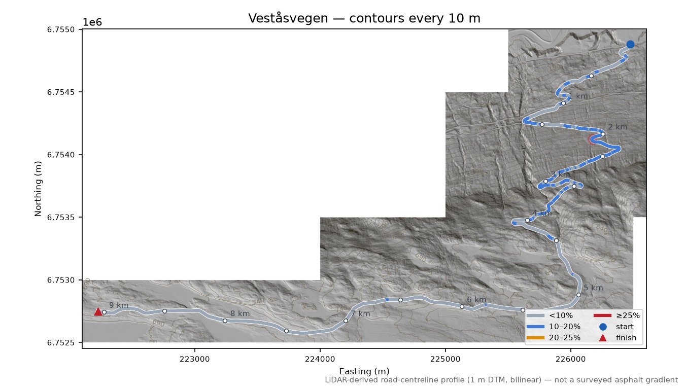 Veståsvegen LiDAR hillshade map with contours
