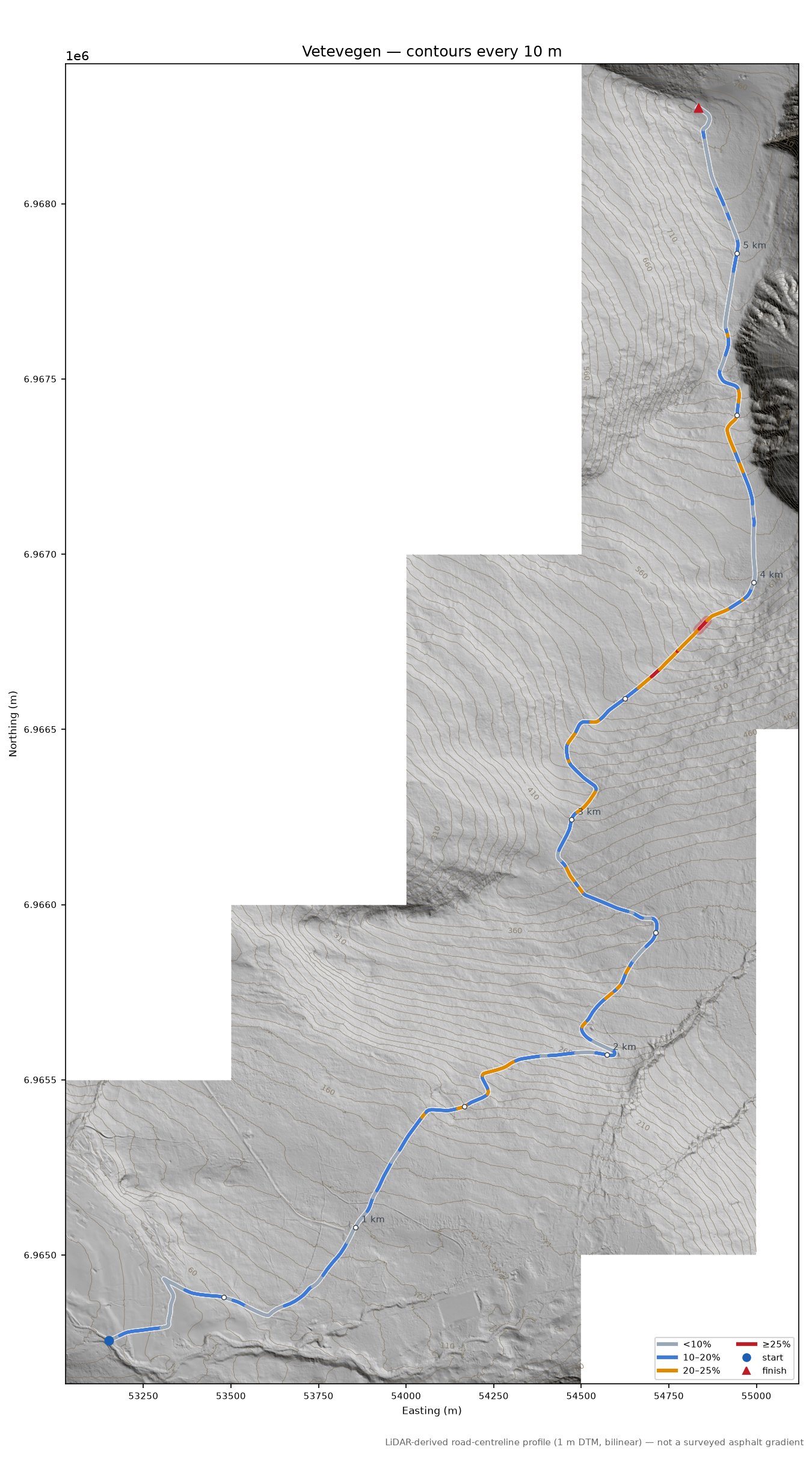 Vetevegen LiDAR hillshade map with contours