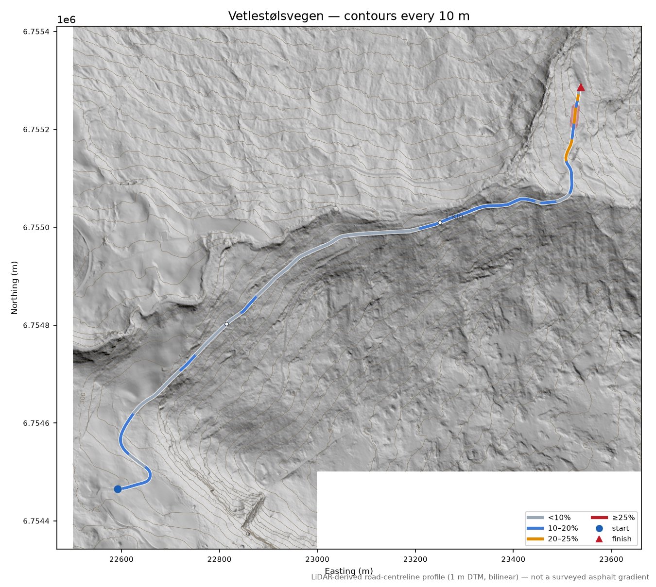 Vetlestølsvegen LiDAR hillshade map with contours
