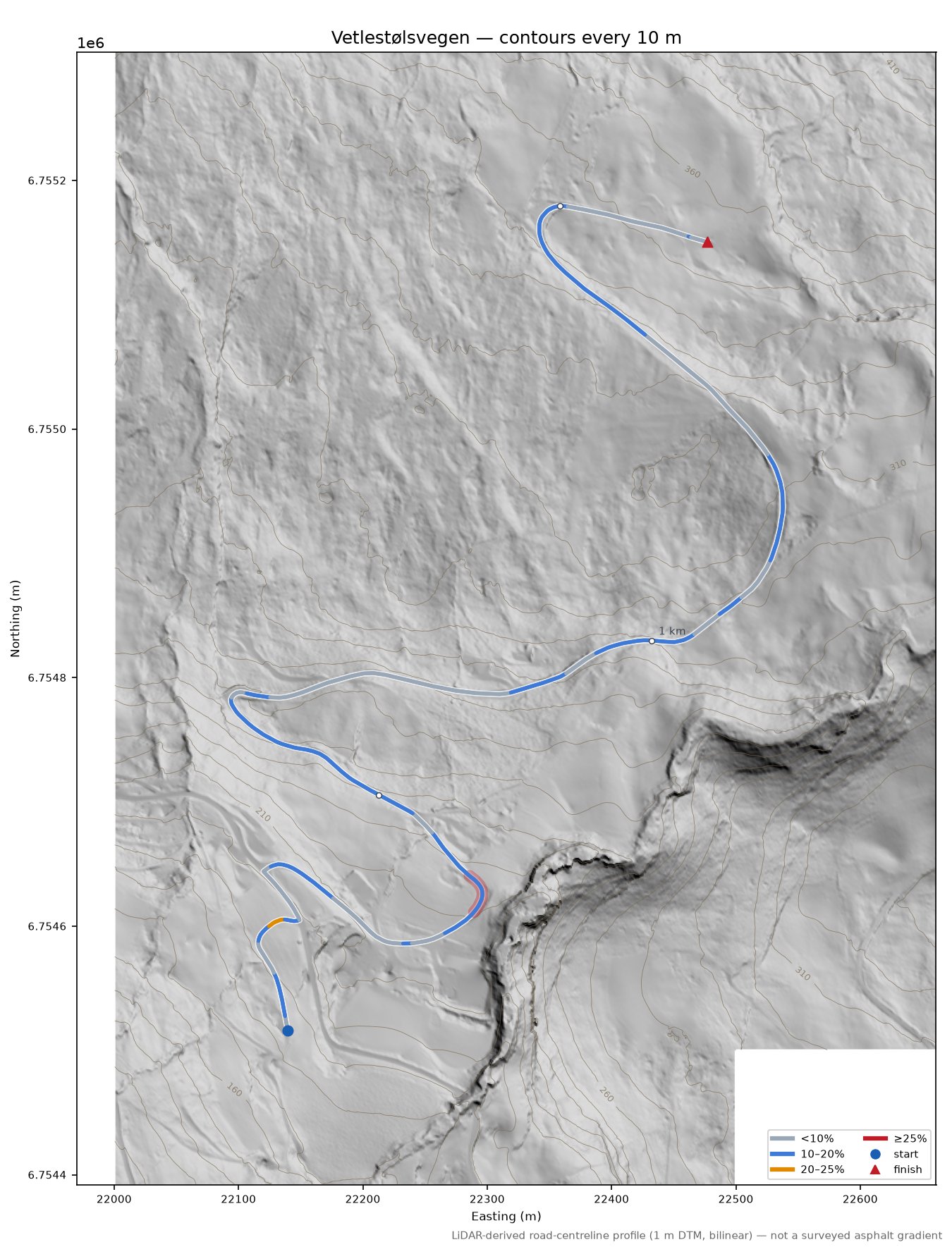 Vetlestølsvegen LiDAR hillshade map with contours
