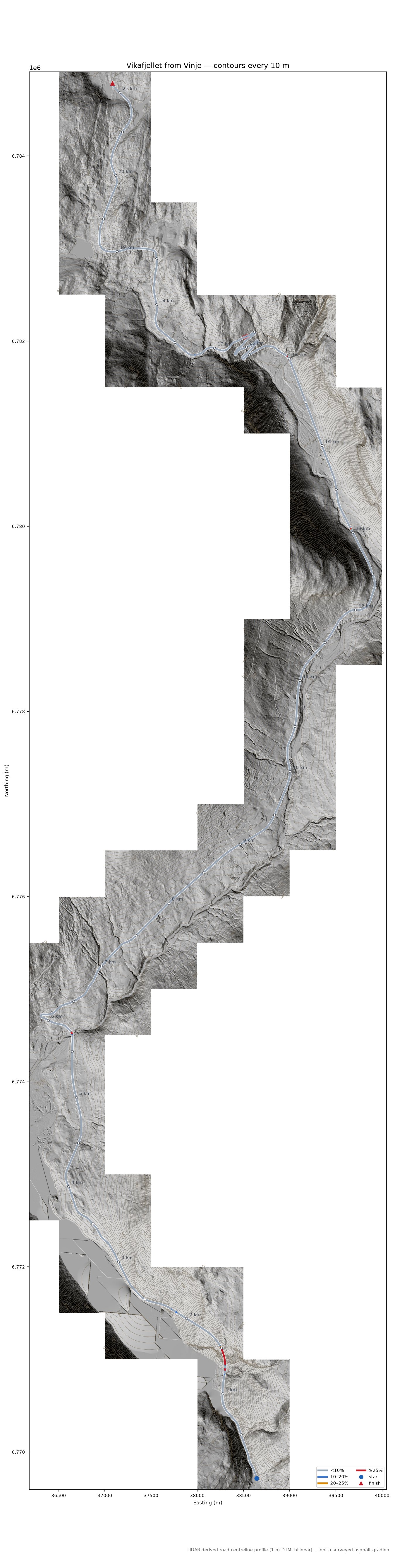 Vikafjellet from Vinje LiDAR hillshade map with contours
