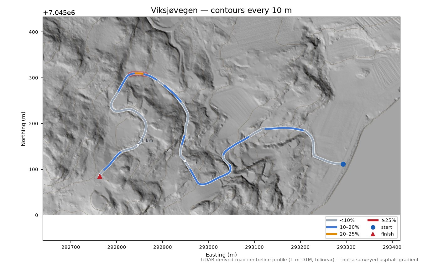 Viksjøvegen LiDAR hillshade map with contours