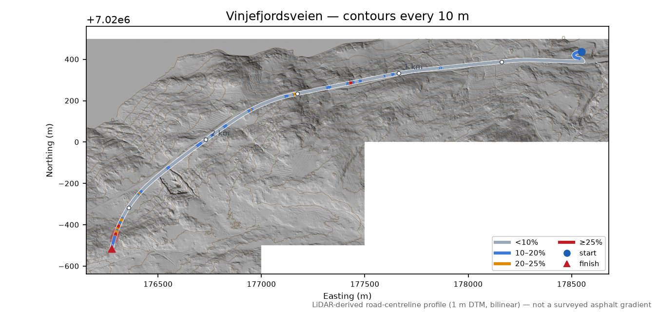 Vinjefjordsveien LiDAR hillshade map with contours