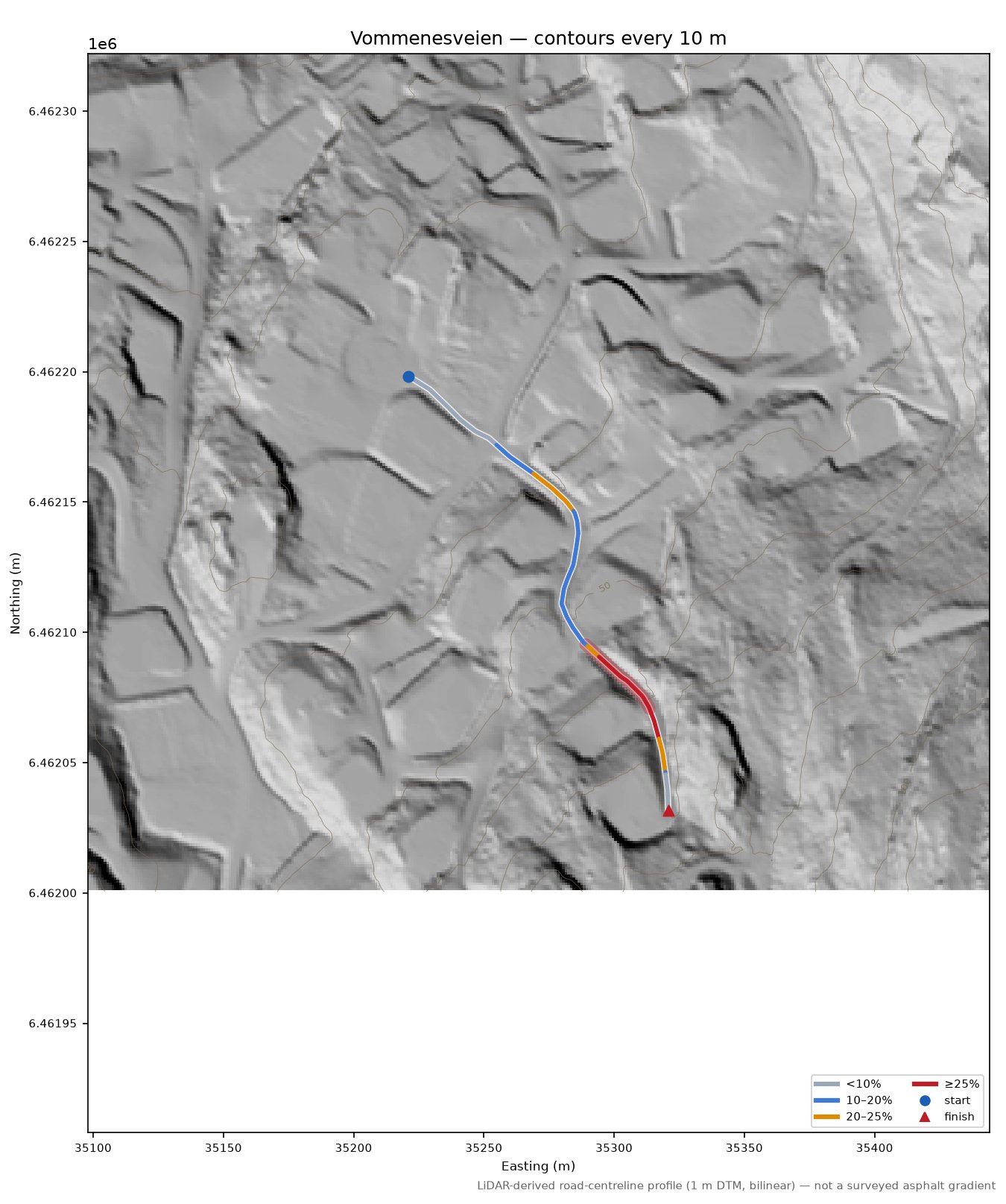 Vommenesveien LiDAR hillshade map with contours