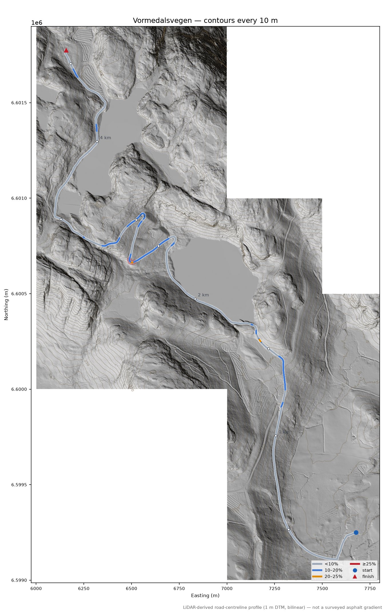 Vormedalsvegen LiDAR hillshade map with contours