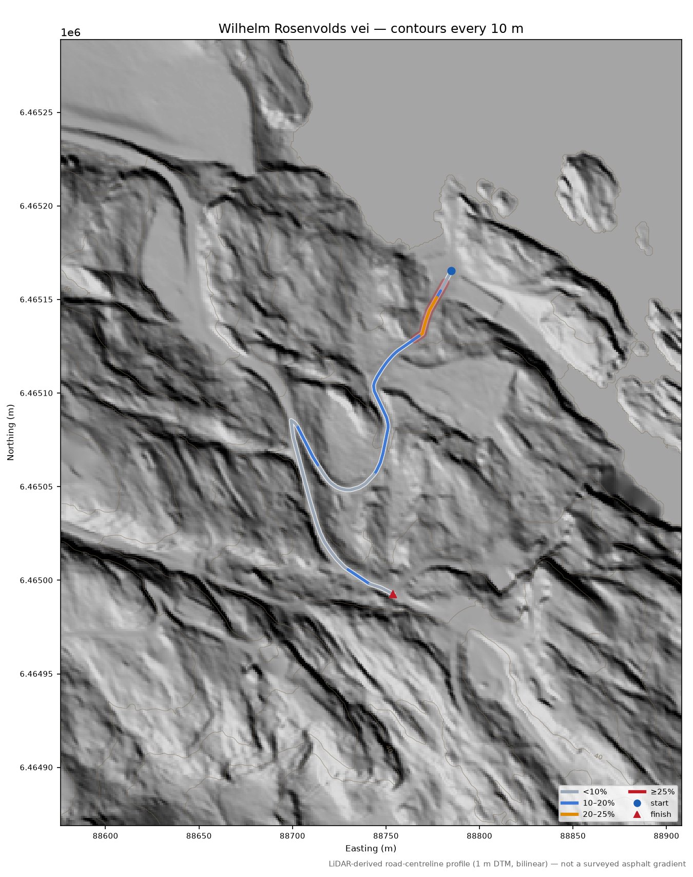 Wilhelm Rosenvolds vei LiDAR hillshade map with contours