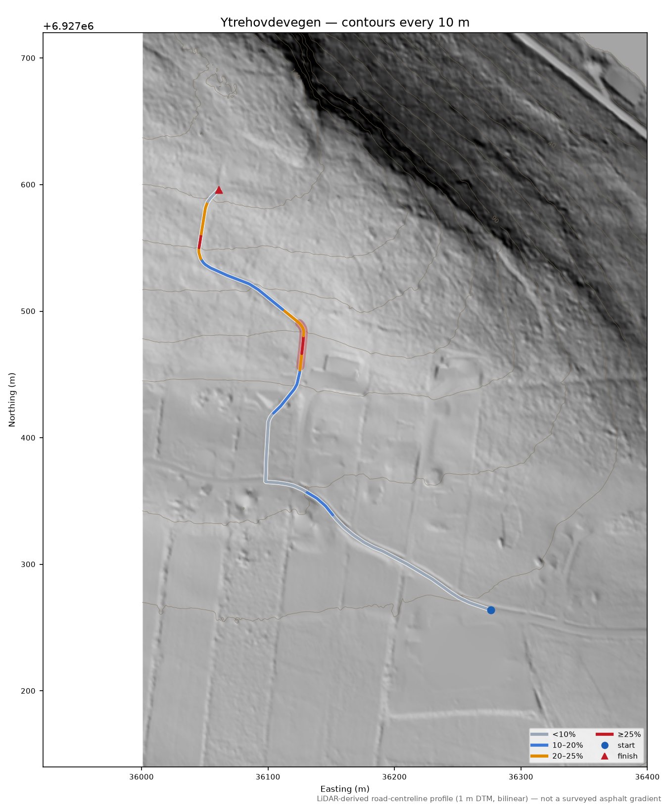 Ytrehovdevegen LiDAR hillshade map with contours