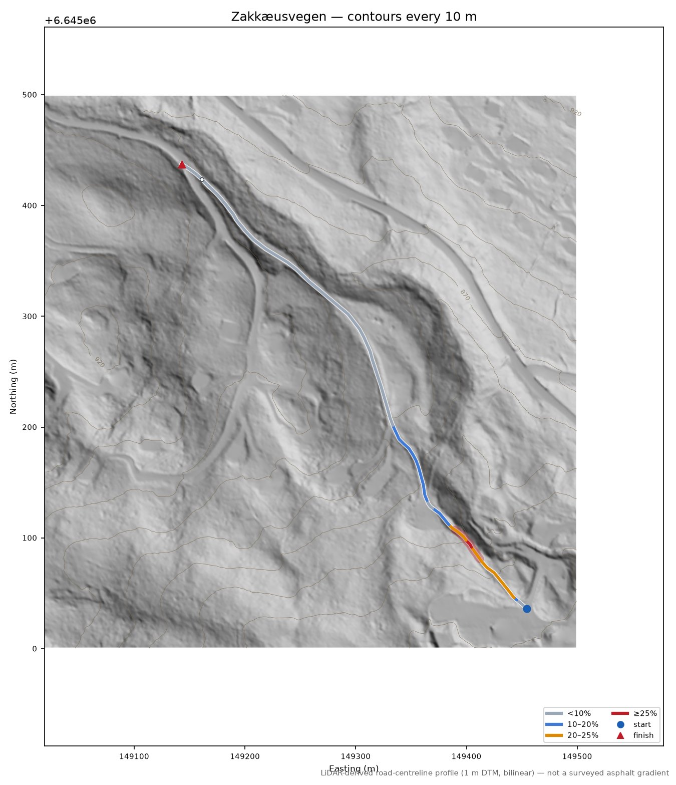 Zakkæusvegen LiDAR hillshade map with contours