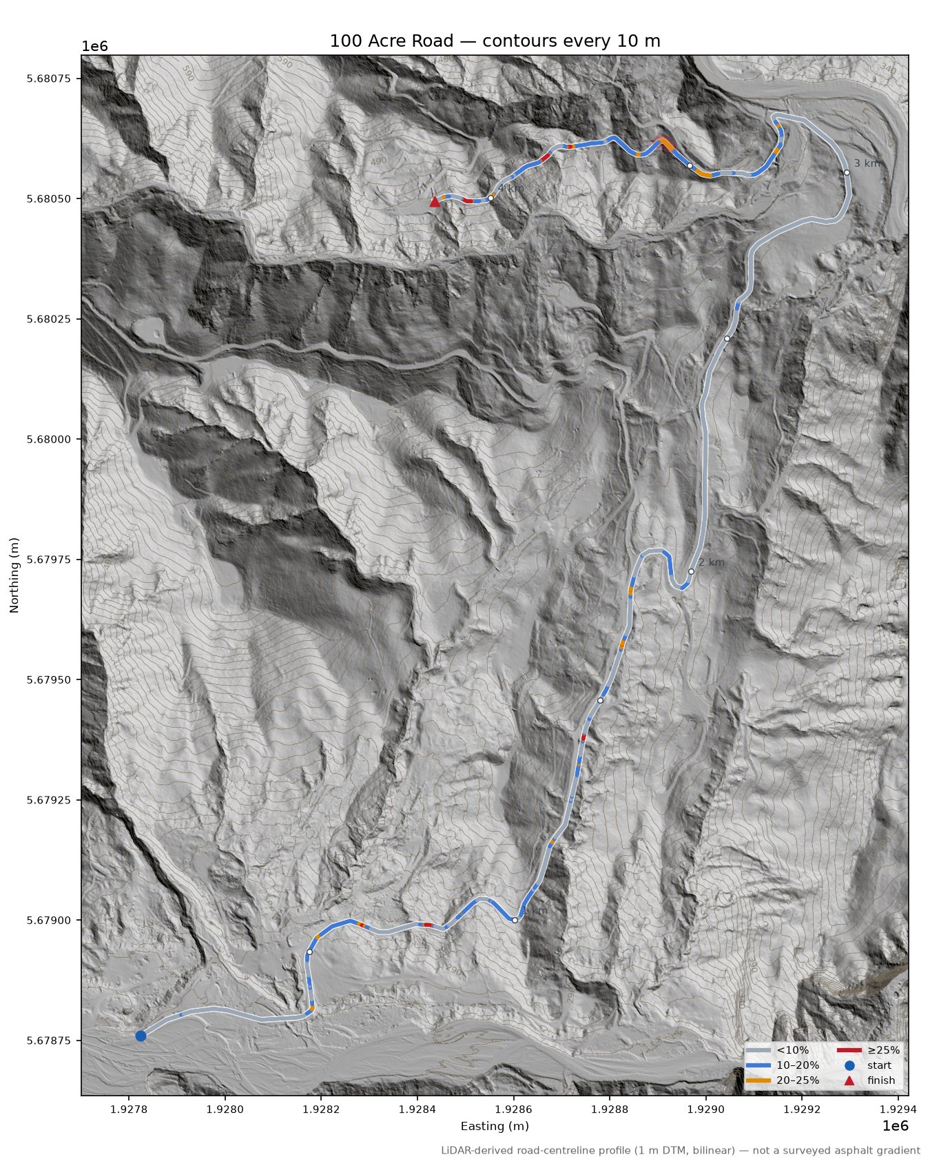 100 Acre Road LiDAR hillshade map with contours