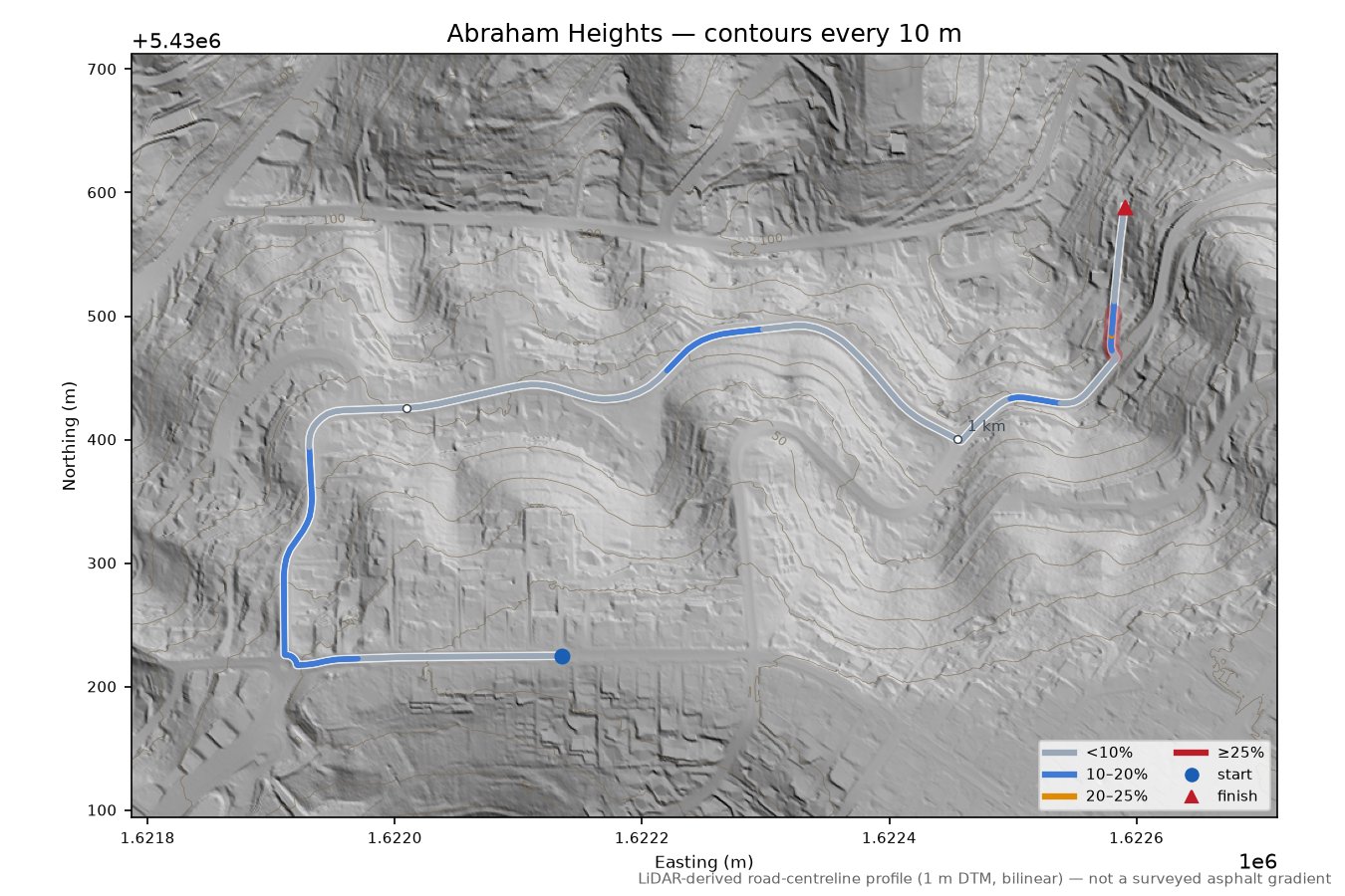 Abraham Heights LiDAR hillshade map with contours