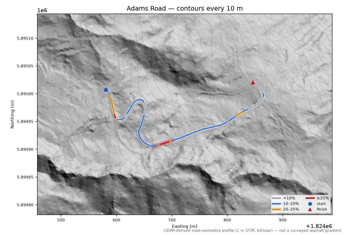 Adams Road LiDAR hillshade map with contours
