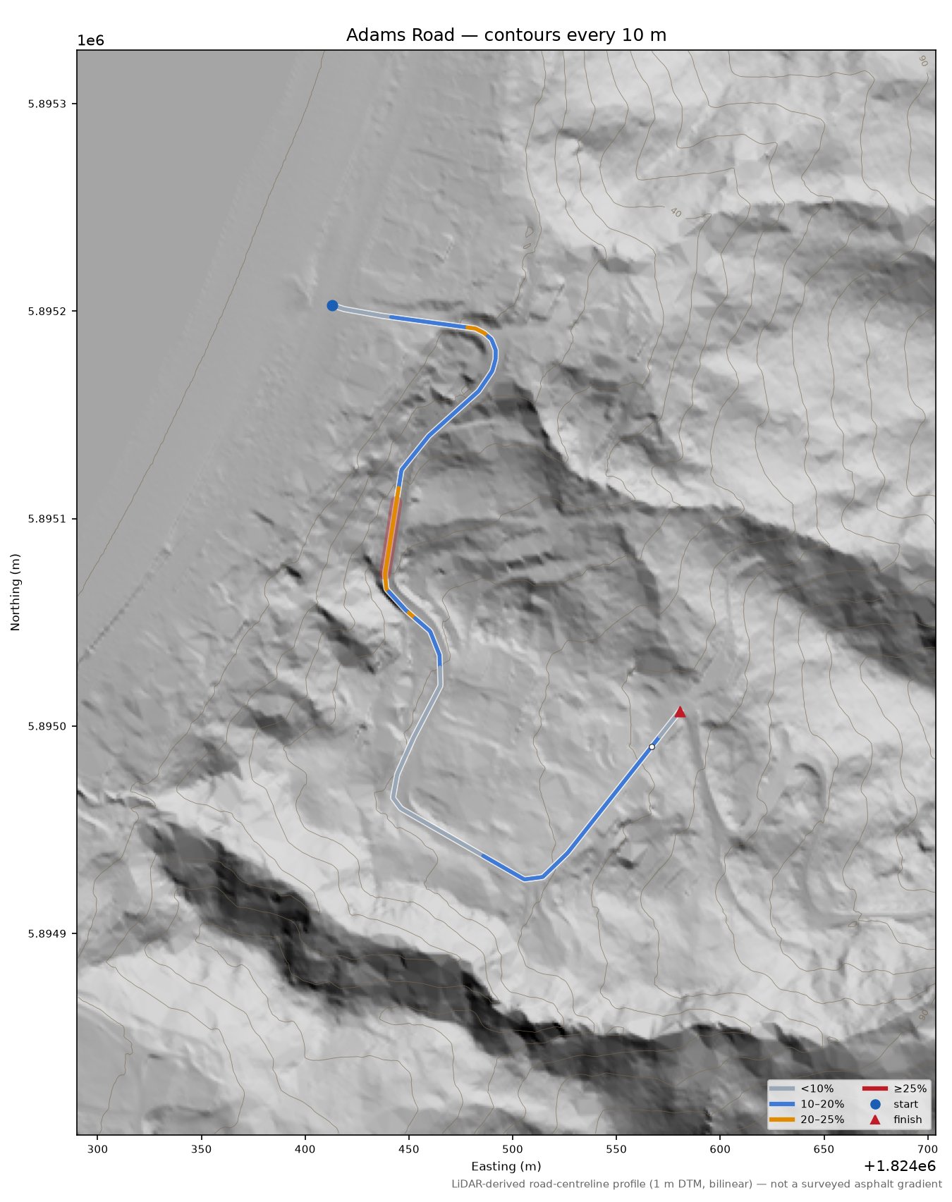 Adams Road LiDAR hillshade map with contours