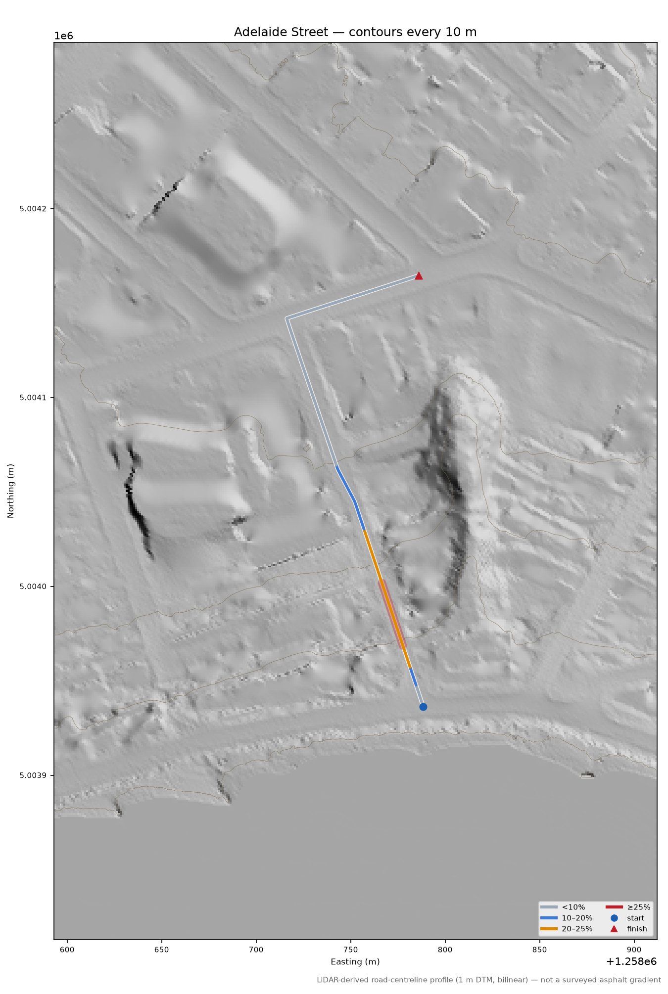 Adelaide Street LiDAR hillshade map with contours