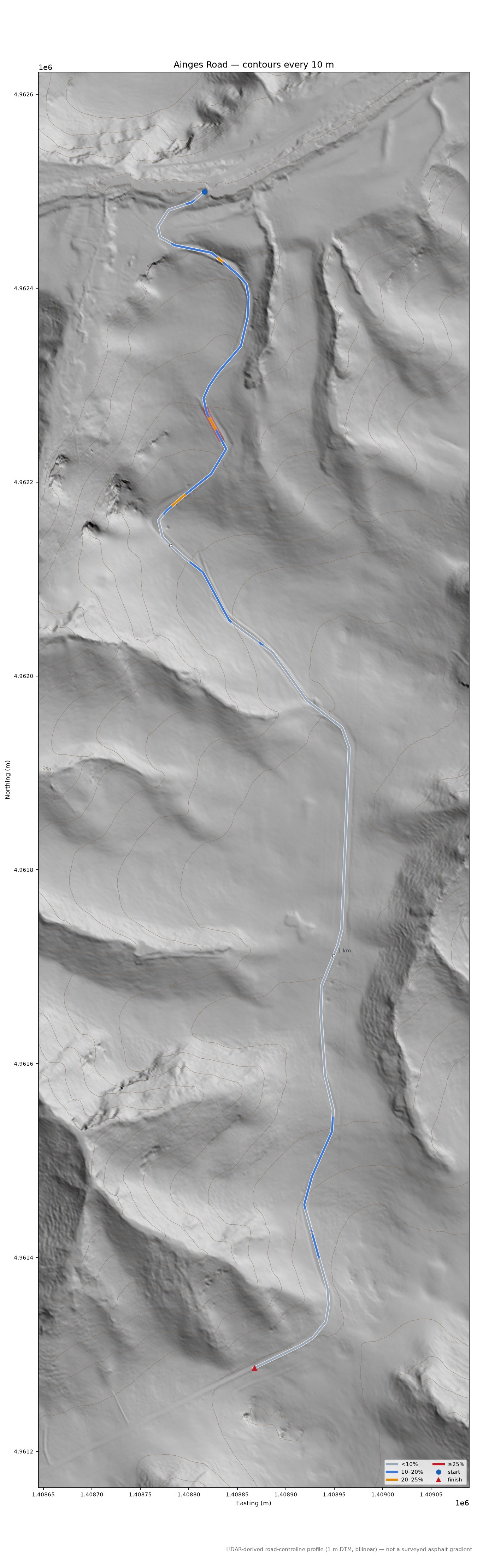 Ainges Road LiDAR hillshade map with contours