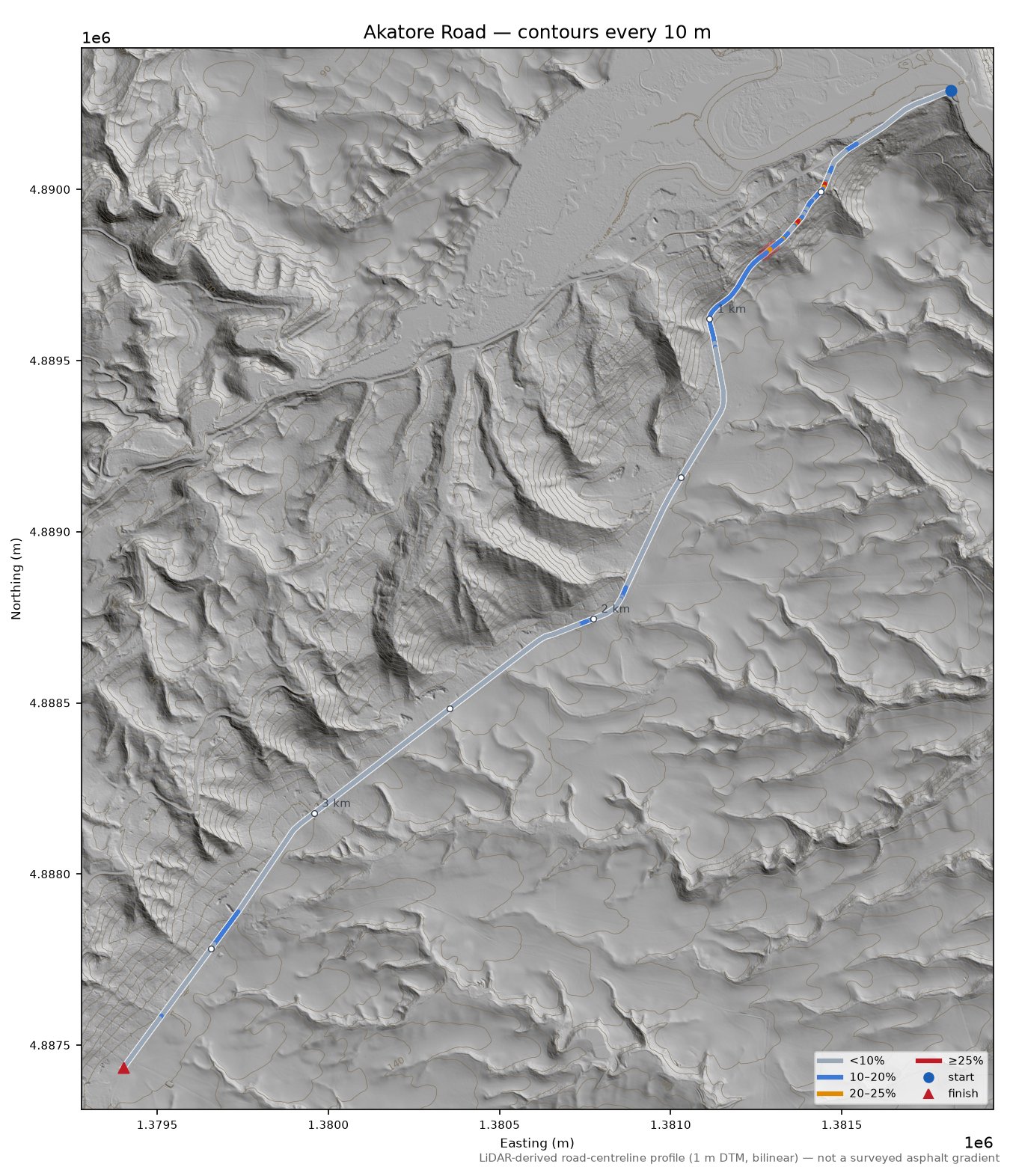 Akatore Road LiDAR hillshade map with contours