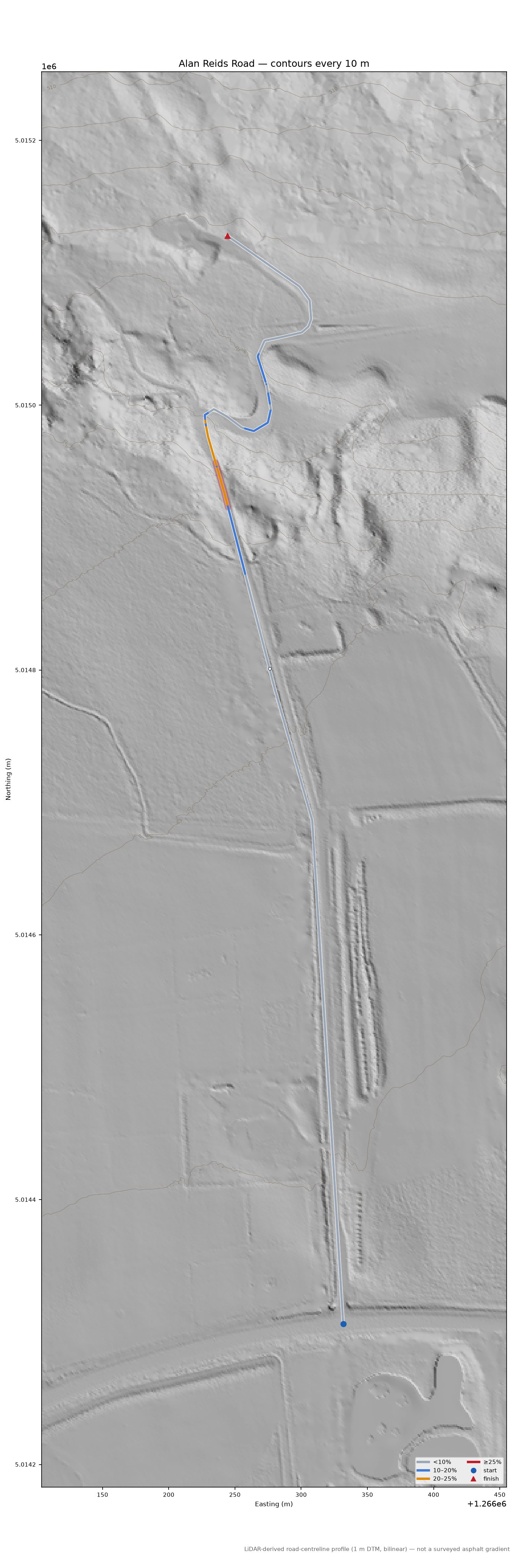 Alan Reids Road LiDAR hillshade map with contours