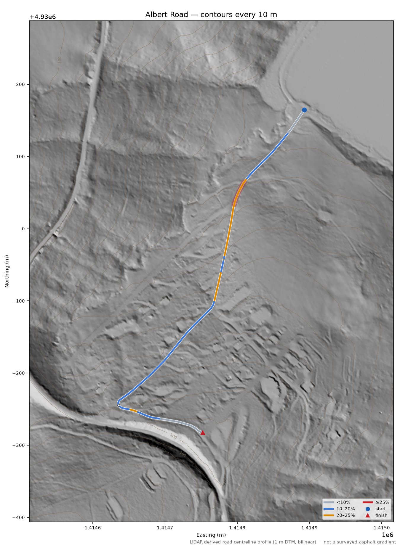 Albert Road LiDAR hillshade map with contours