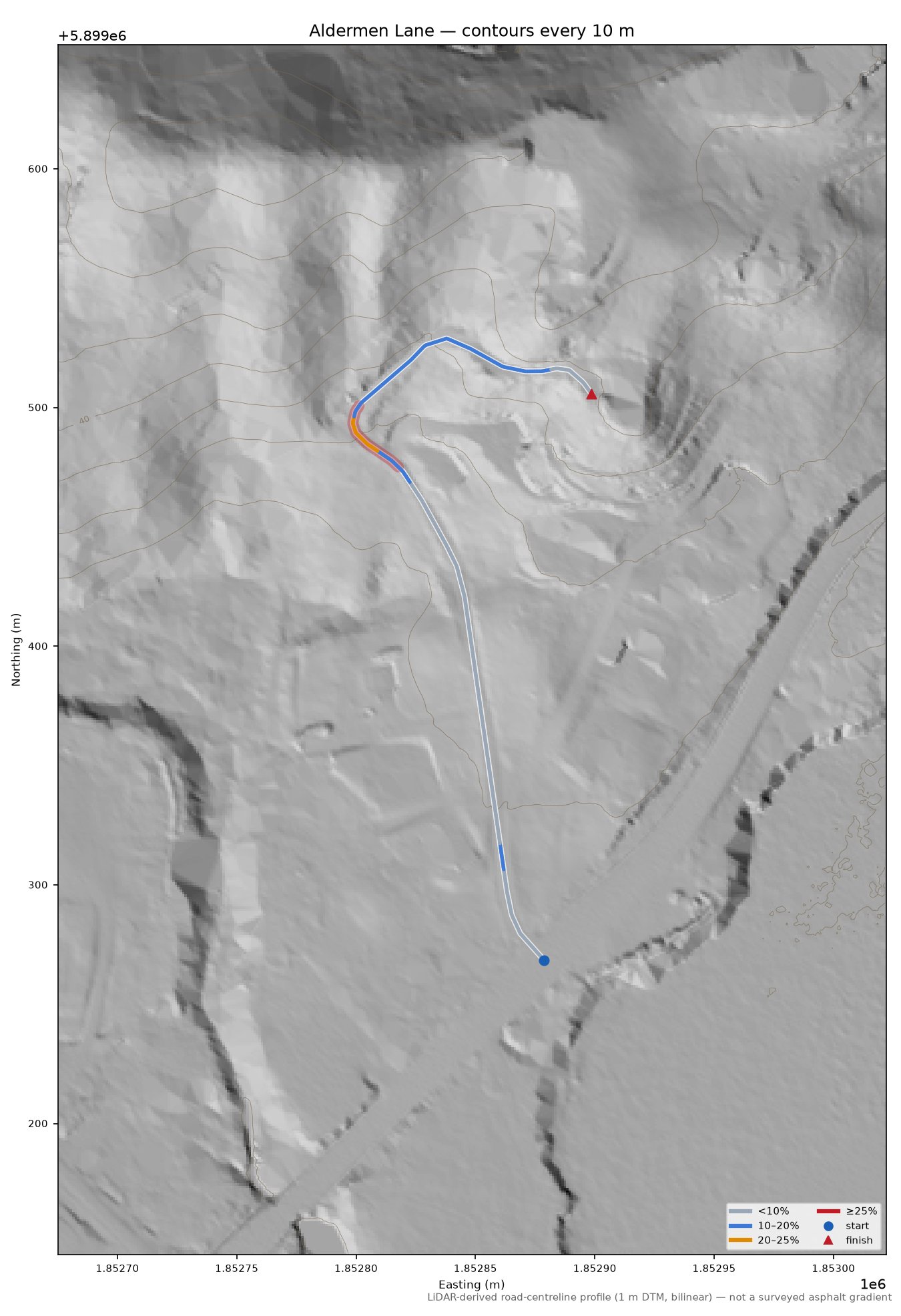 Aldermen Lane LiDAR hillshade map with contours