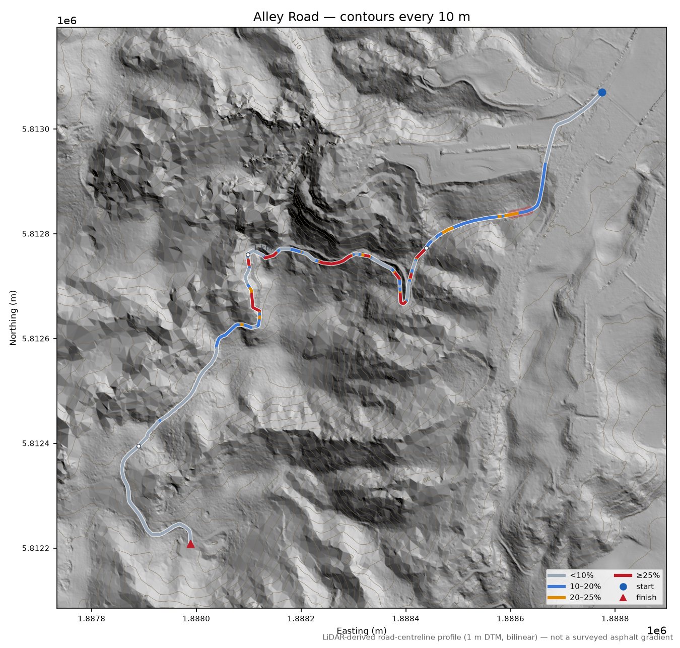 Alley Road LiDAR hillshade map with contours