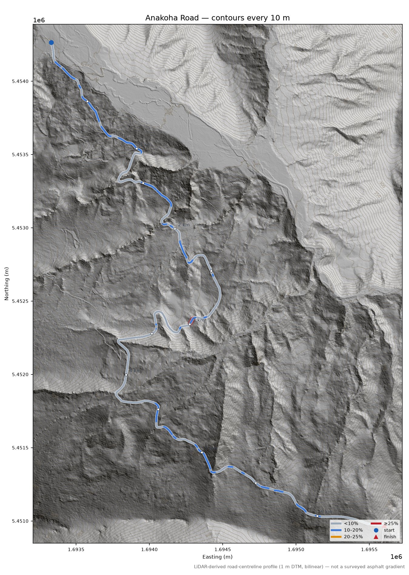 Anakoha Road LiDAR hillshade map with contours