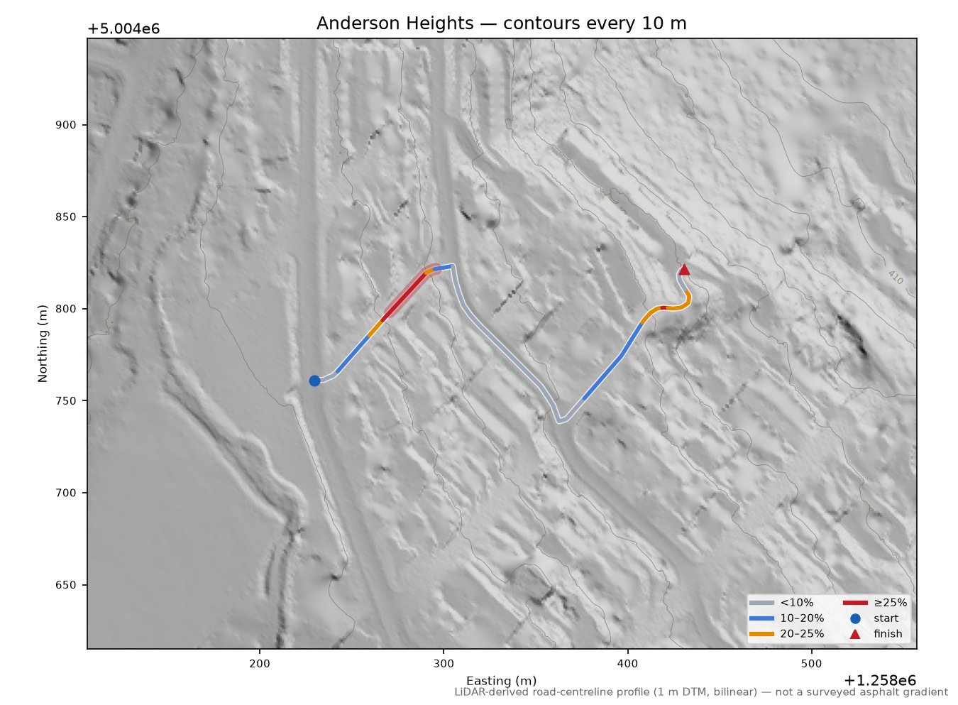 Anderson Heights LiDAR hillshade map with contours