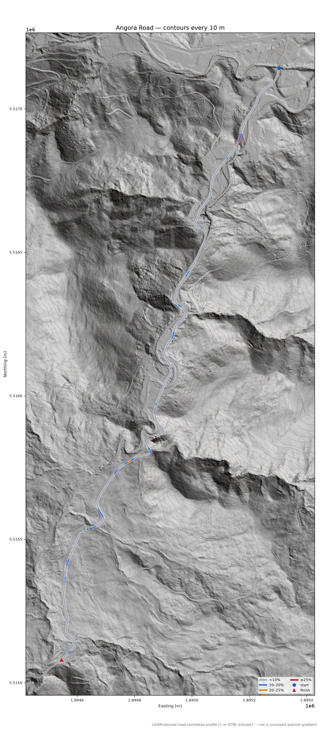 Angora Road LiDAR hillshade map with contours