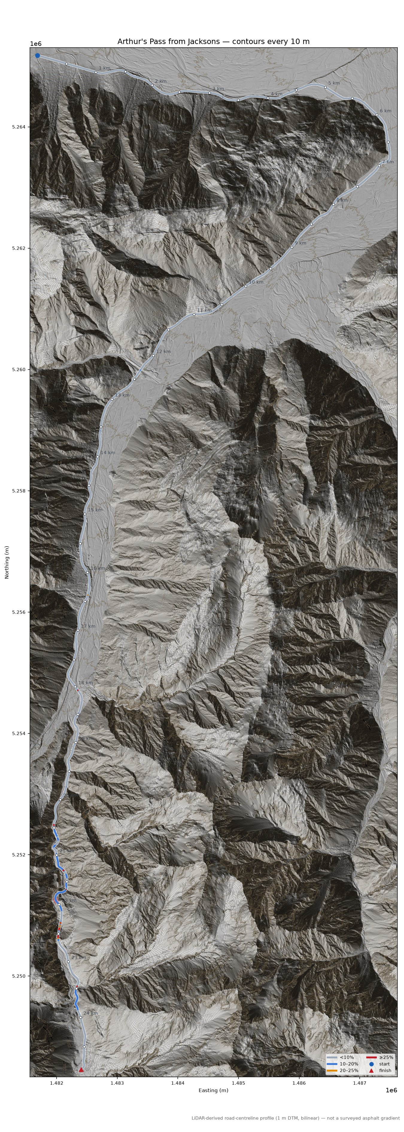 Arthur's Pass from Jacksons LiDAR hillshade map with contours
