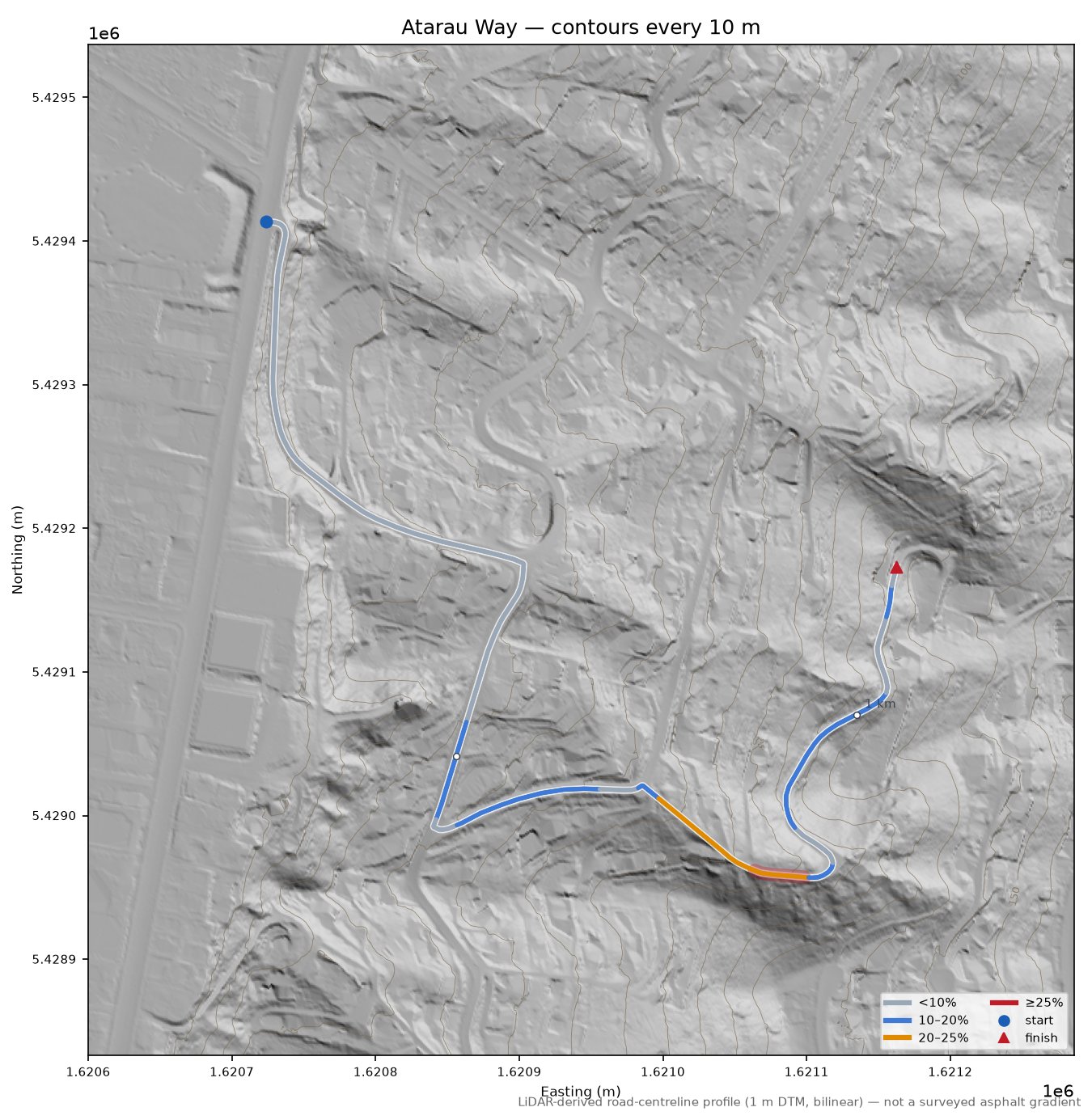 Atarau Way LiDAR hillshade map with contours