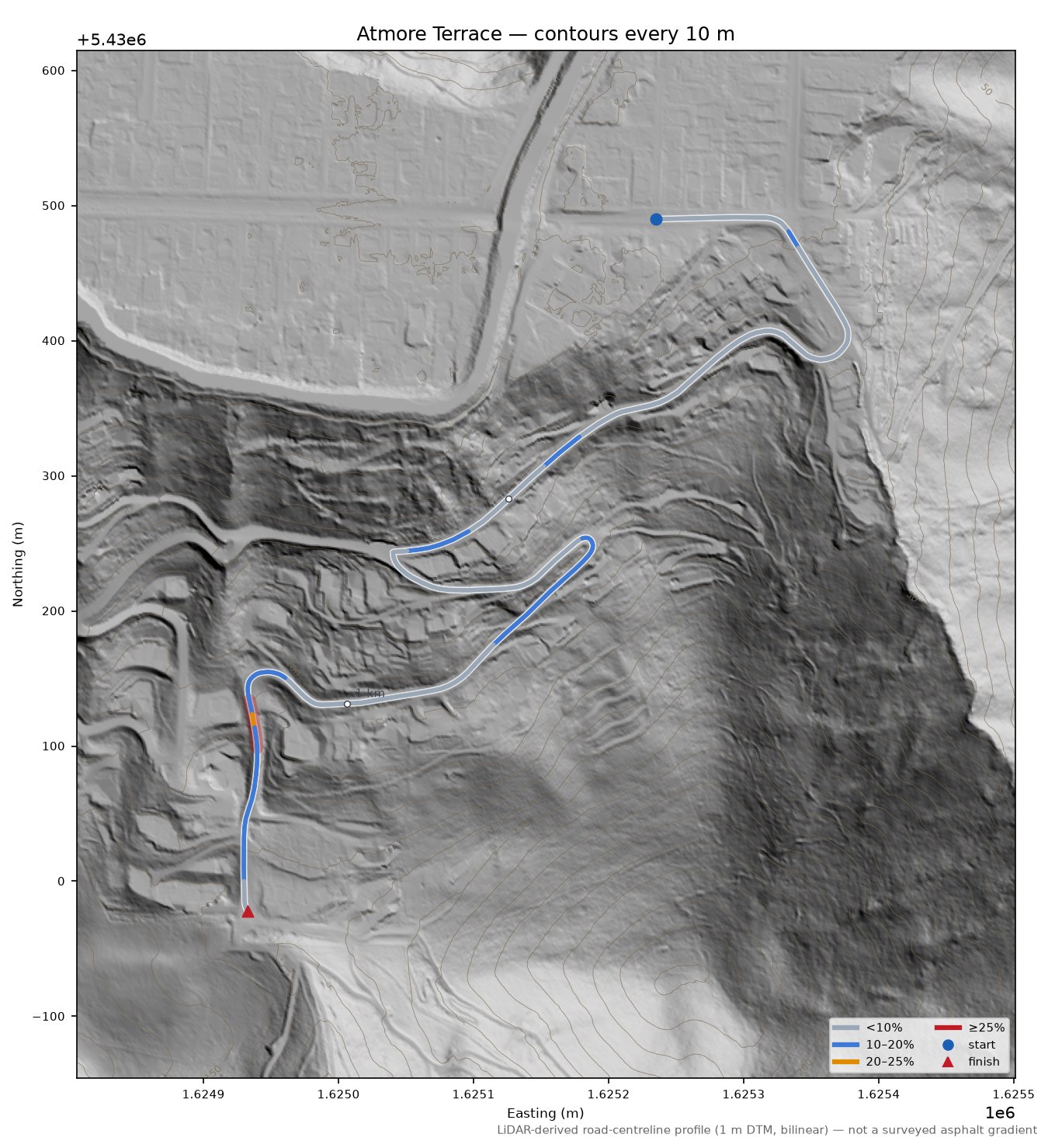 Atmore Terrace LiDAR hillshade map with contours