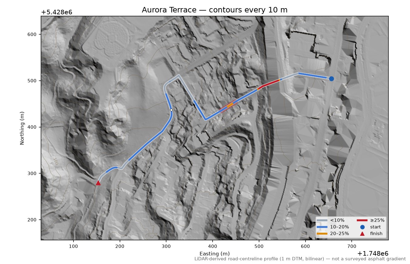 Aurora Terrace LiDAR hillshade map with contours