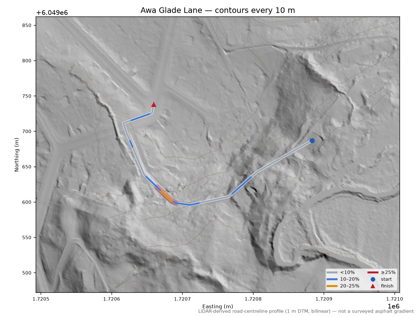 Awa Glade Lane LiDAR hillshade map with contours