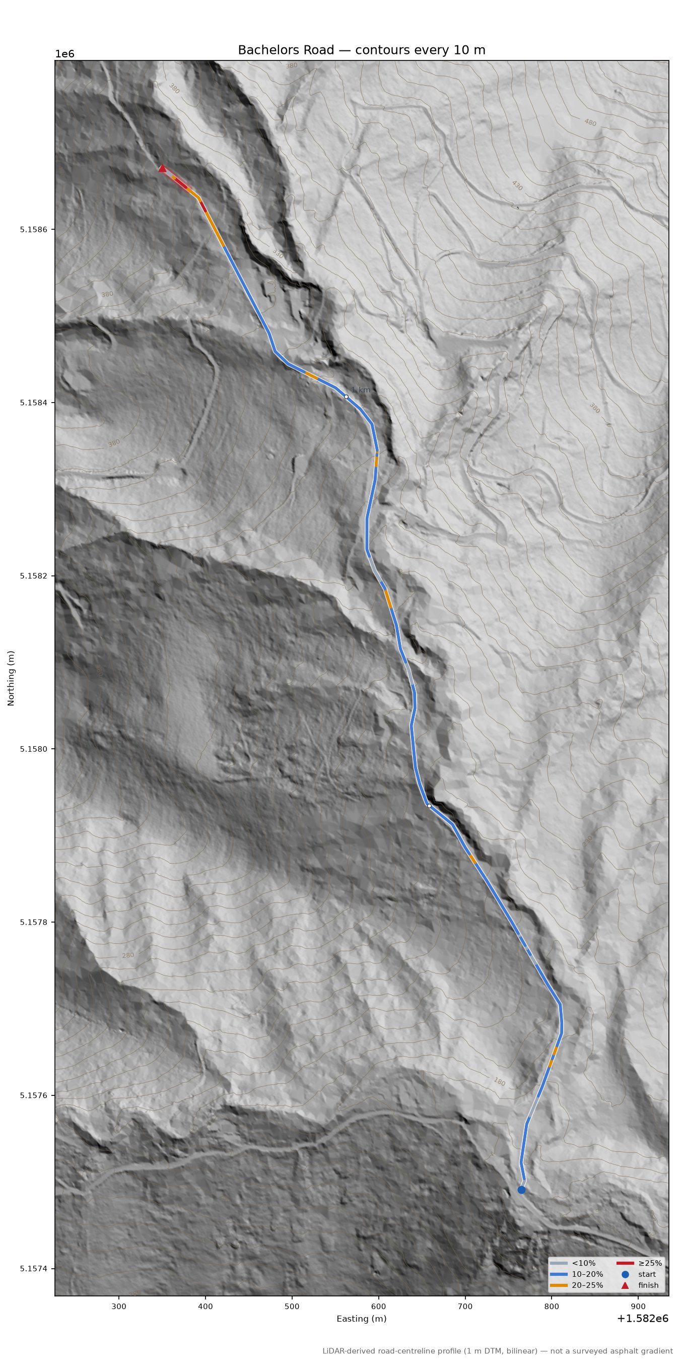 Bachelors Road LiDAR hillshade map with contours