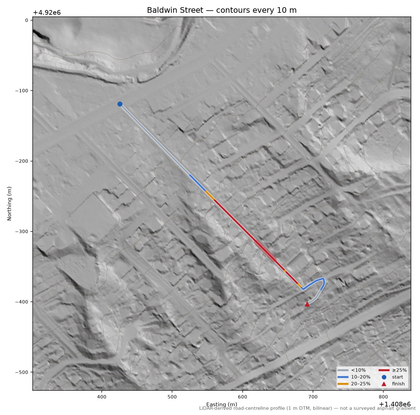 Baldwin Street LiDAR hillshade map with contours
