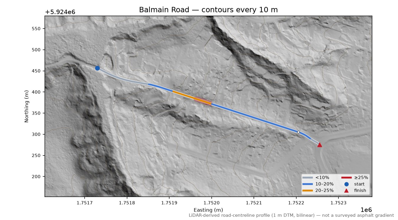 Balmain Road LiDAR hillshade map with contours