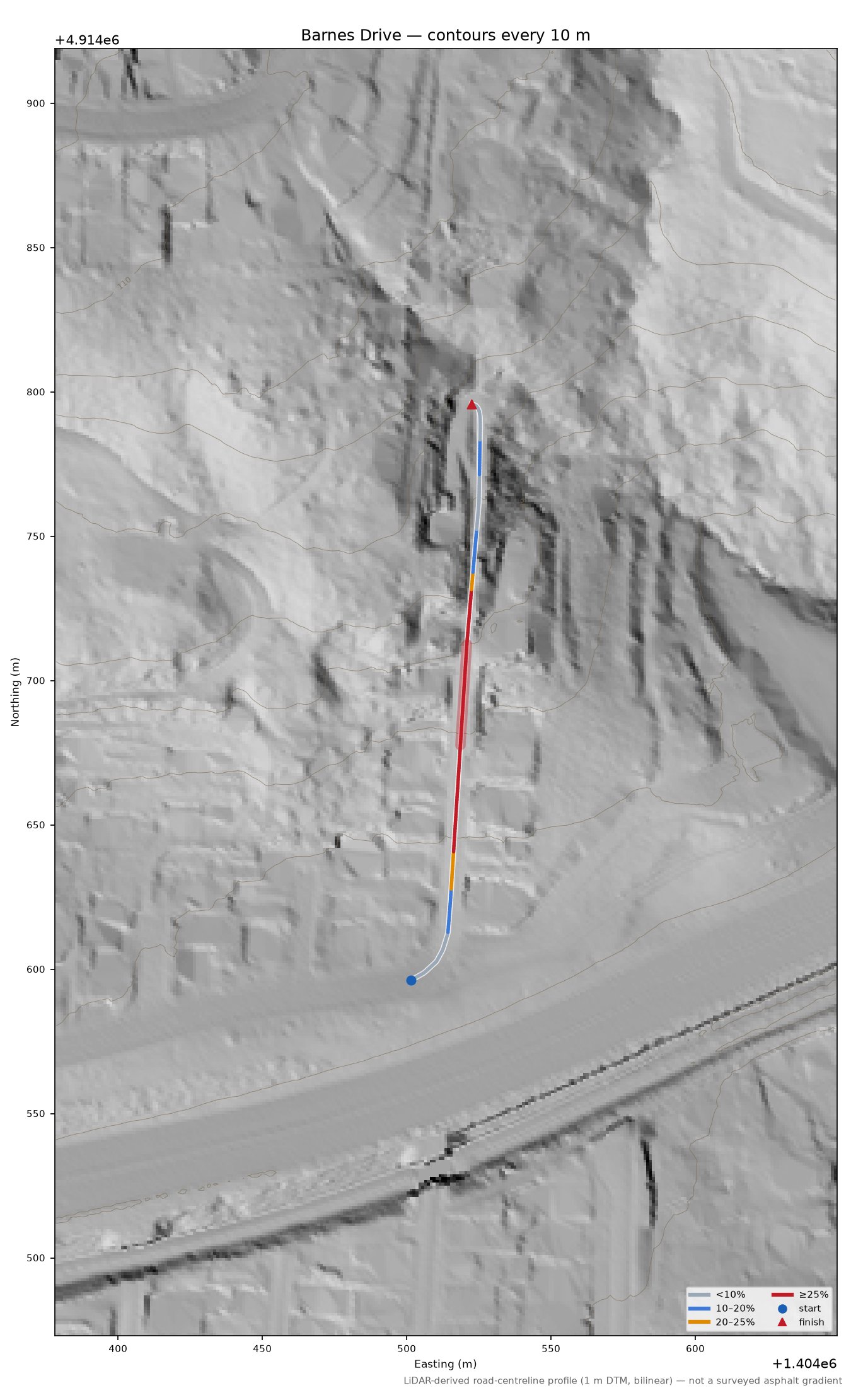 Barnes Drive LiDAR hillshade map with contours