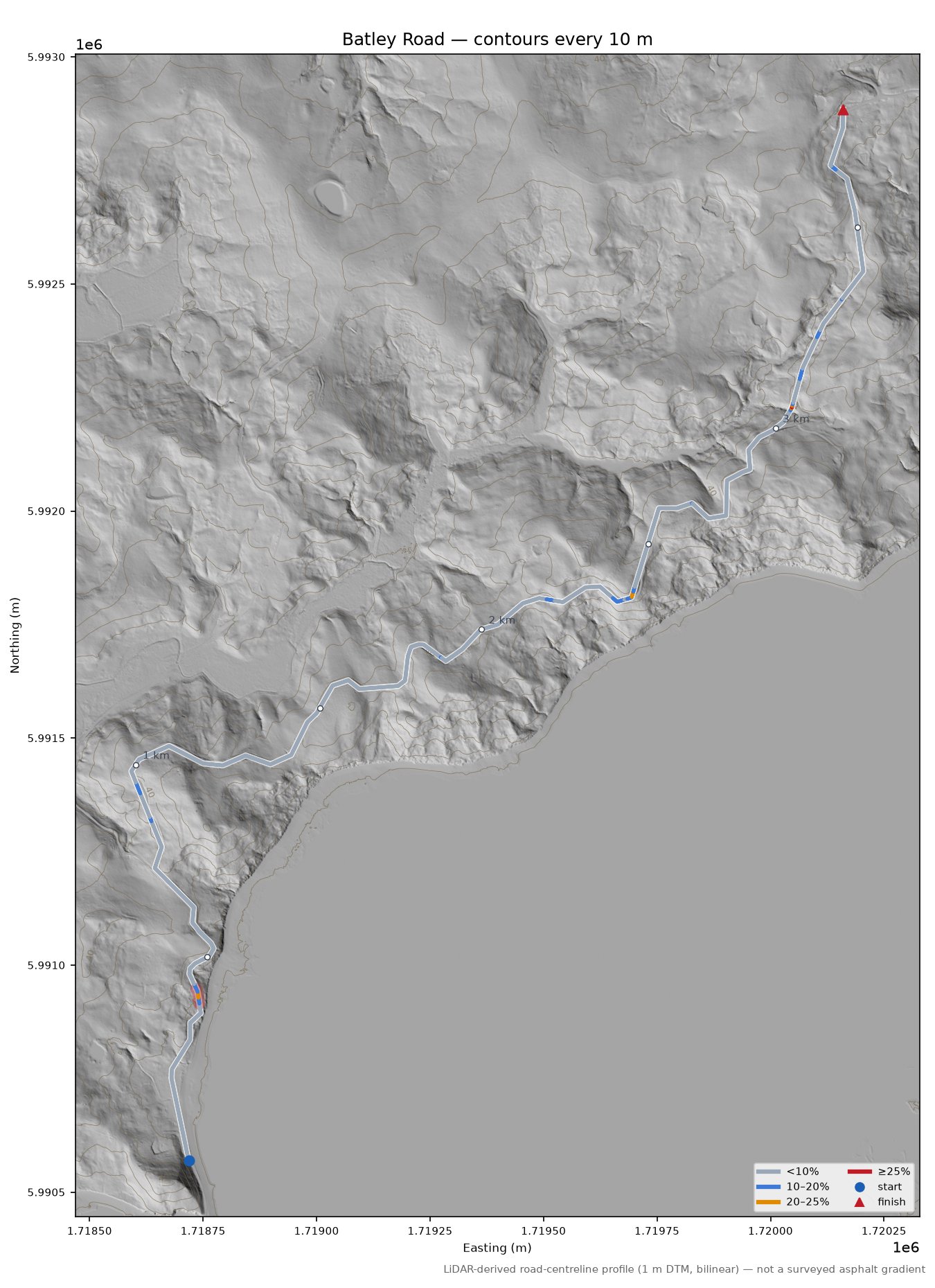 Batley Road LiDAR hillshade map with contours