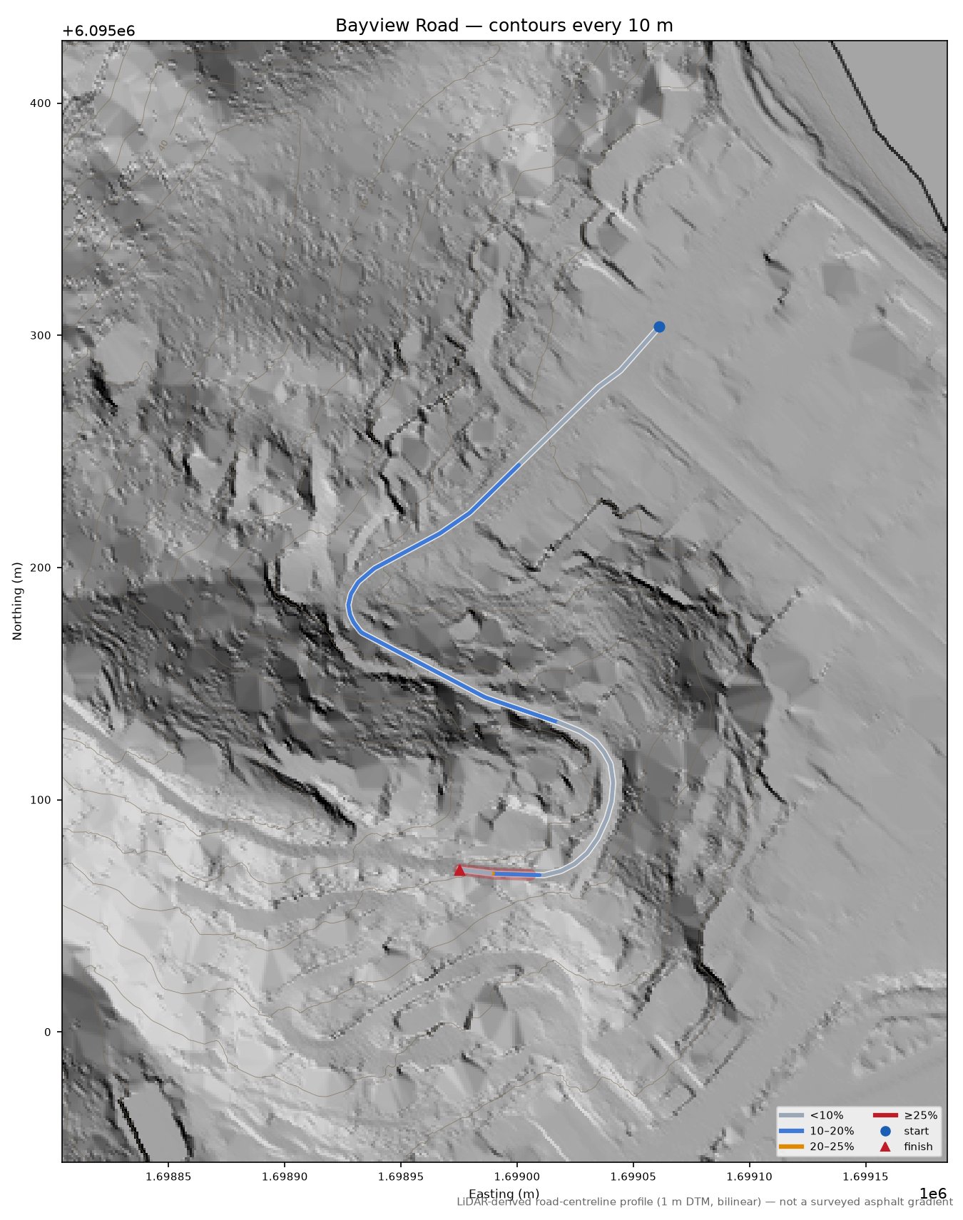 Bayview Road LiDAR hillshade map with contours