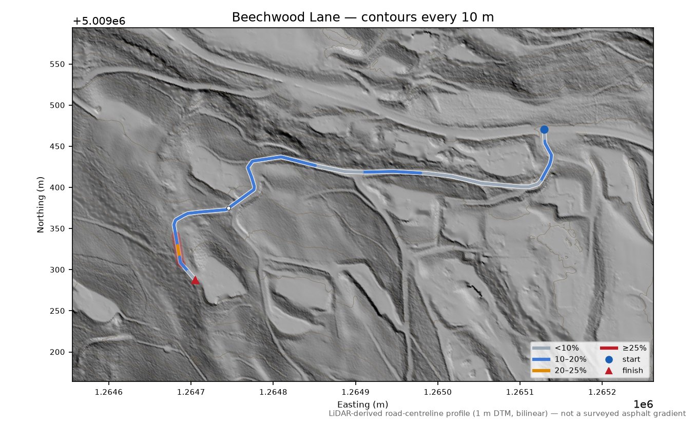 Beechwood Lane LiDAR hillshade map with contours