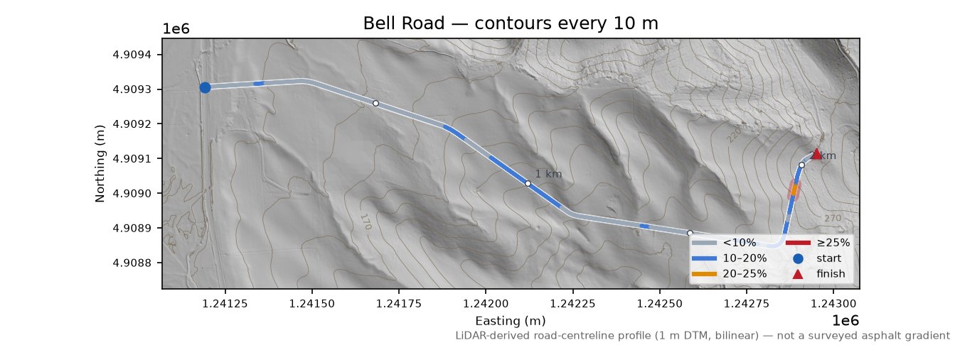 Bell Road LiDAR hillshade map with contours