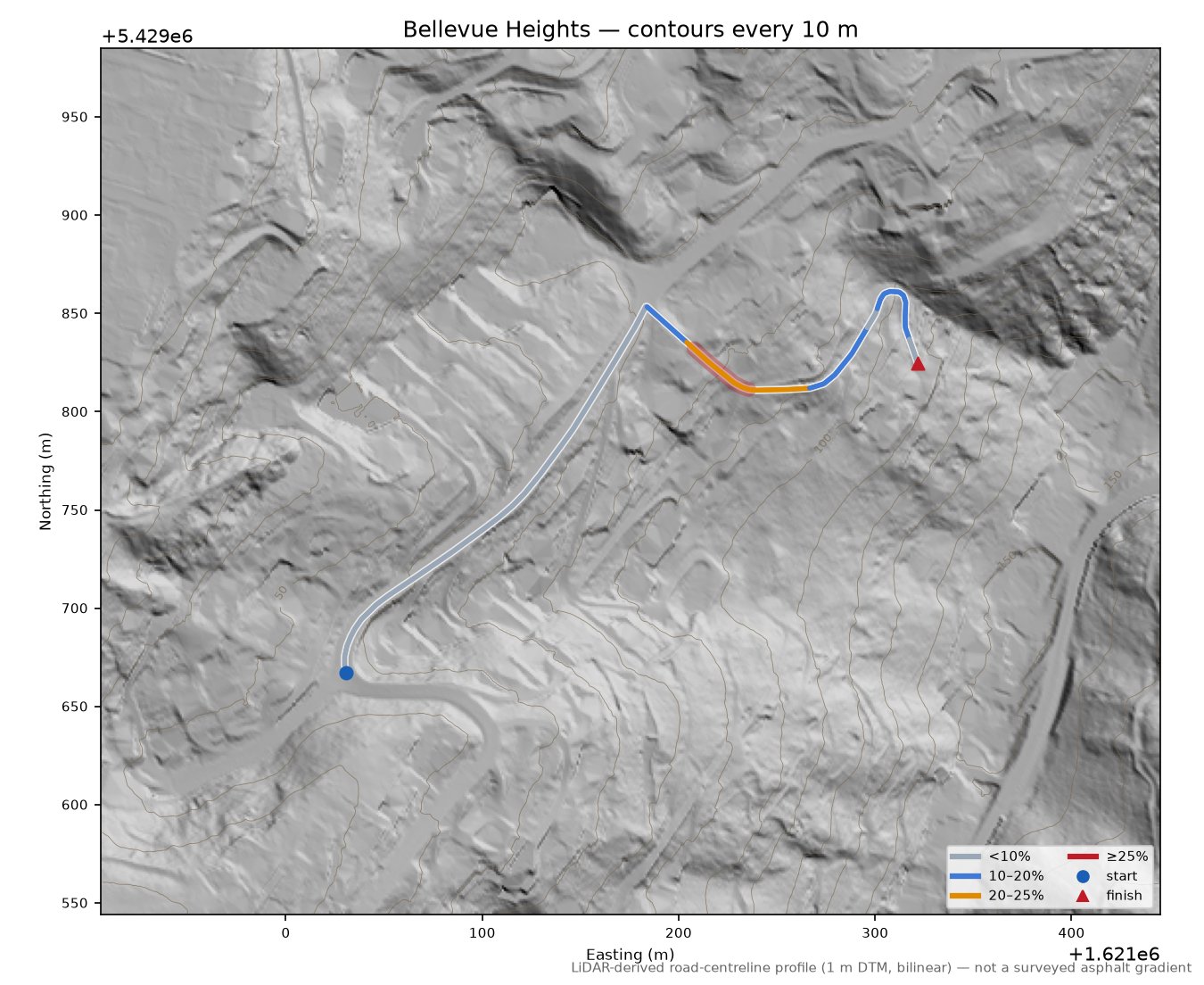 Bellevue Heights LiDAR hillshade map with contours