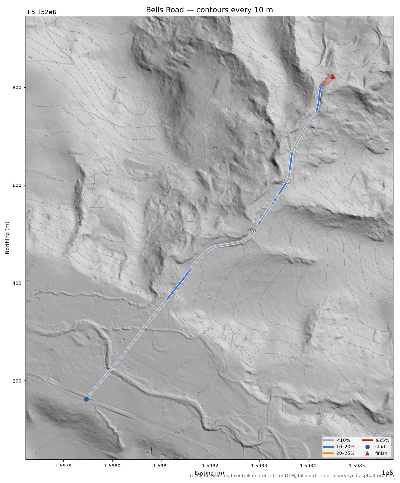 Bells Road LiDAR hillshade map with contours