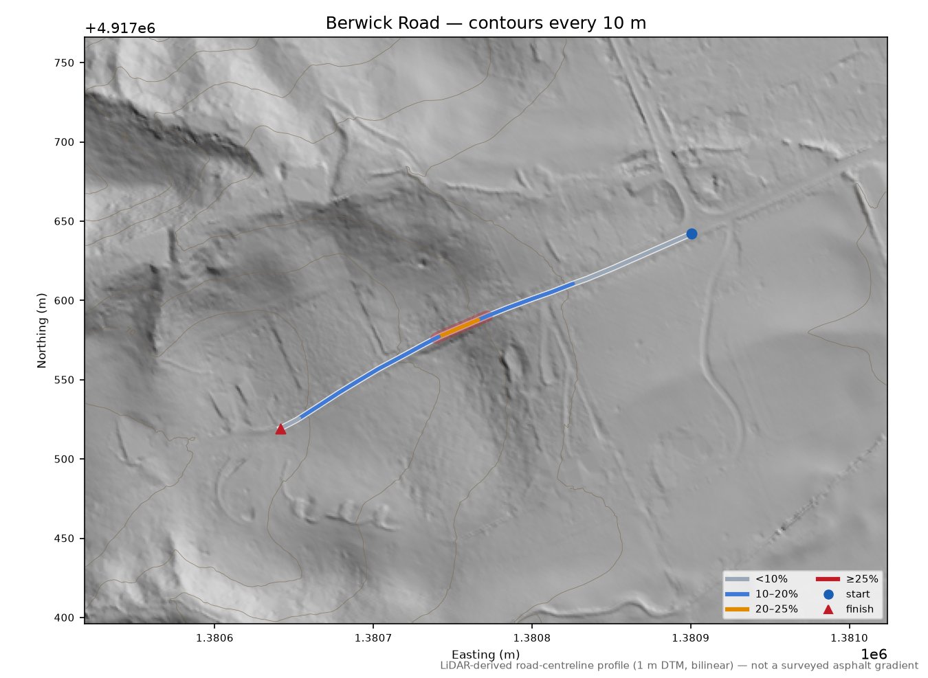Berwick Road LiDAR hillshade map with contours